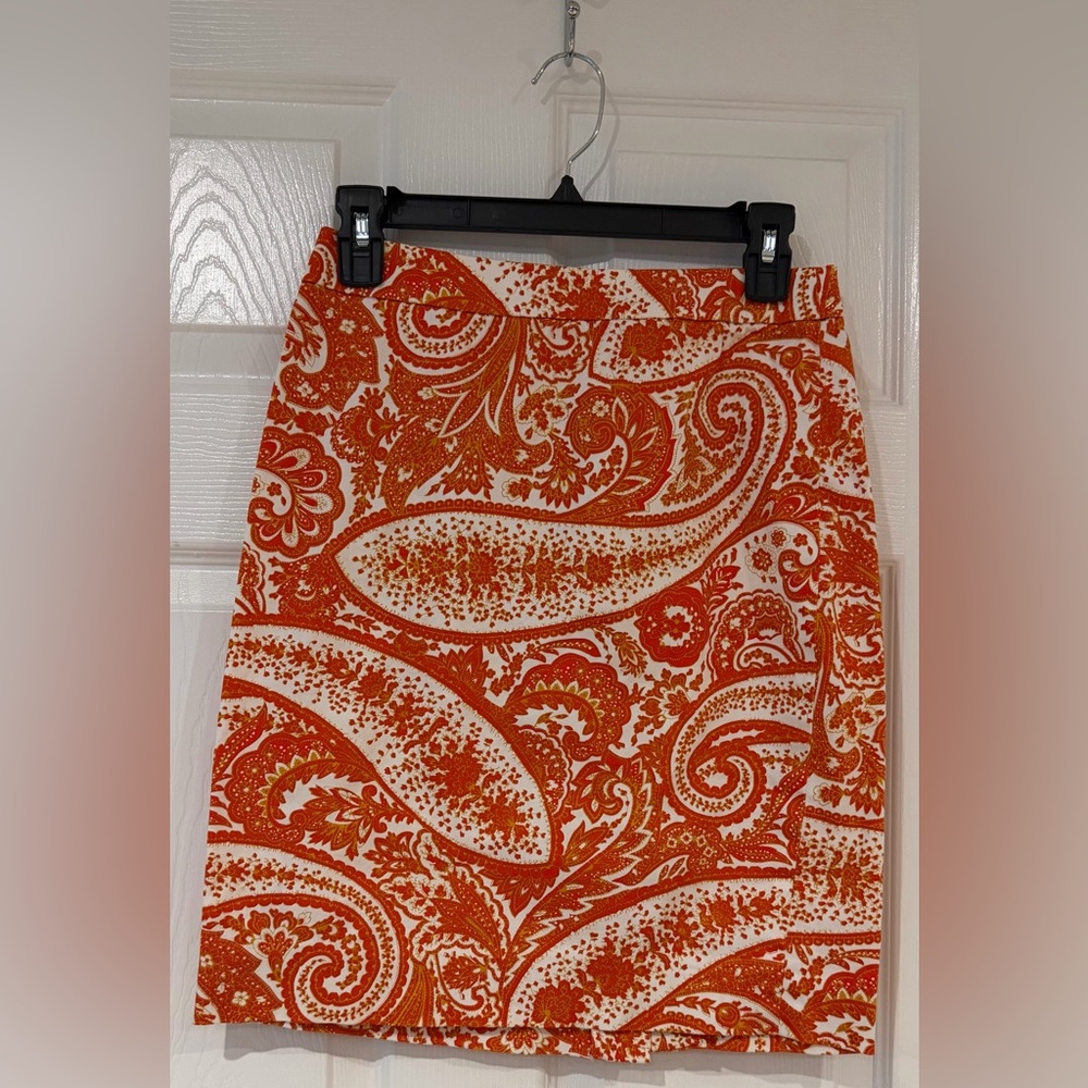 J Crew The Pencil Skirt Paisley White Red Orange Print Summer Cotton Size 0